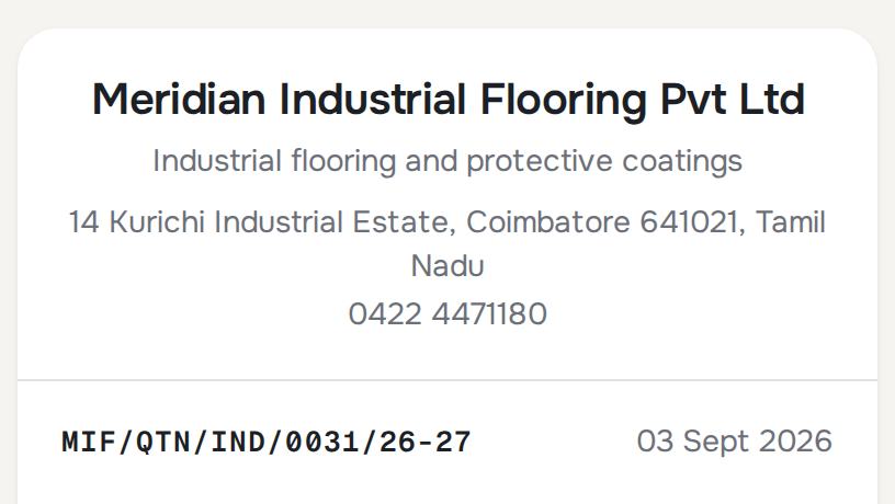The head of a finished quotation: the contractor's own company name, address and phone, then the serial number and the date.