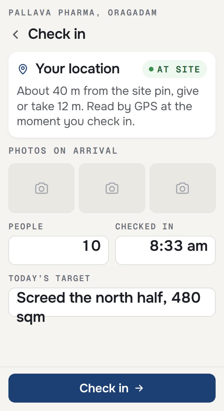 A check-in screen showing the distance from the site pin read by GPS, the photographs taken on arrival, and the number of people on the floor.