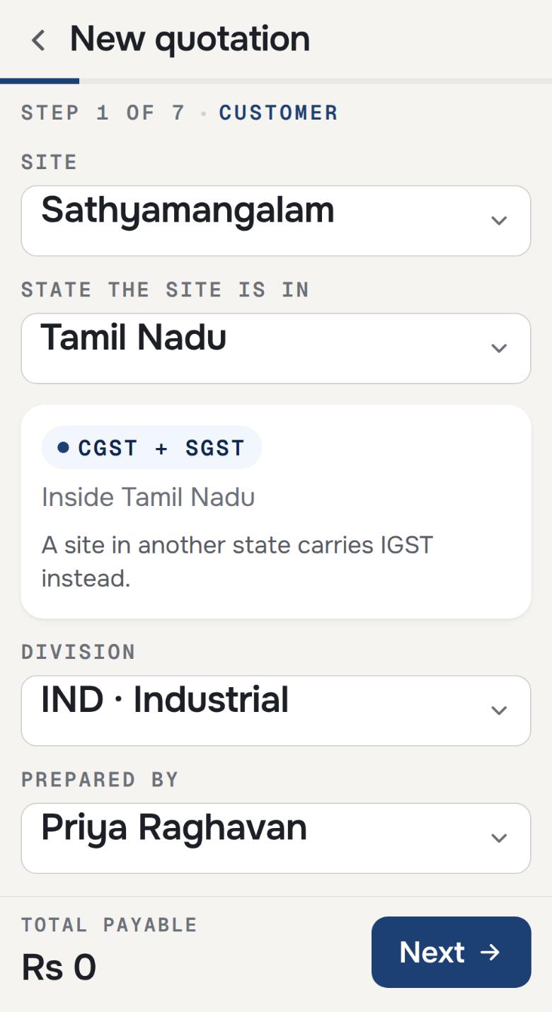 The customer step of a quotation, with the site's state chosen and the tax split it decided shown underneath it.