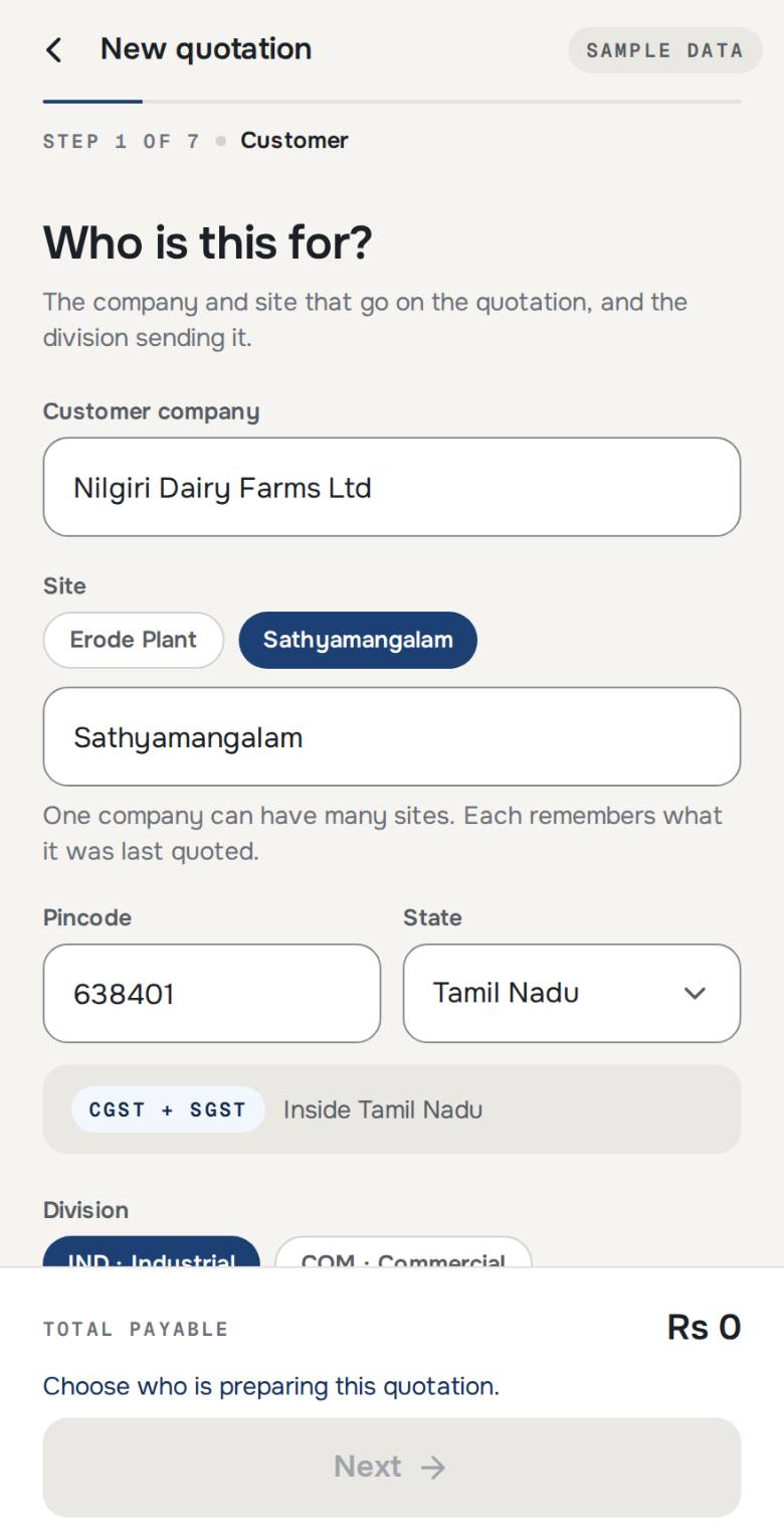 The site decides the tax. The site's state decides whether the quotation carries CGST and SGST or IGST. Nobody picks it from a list.