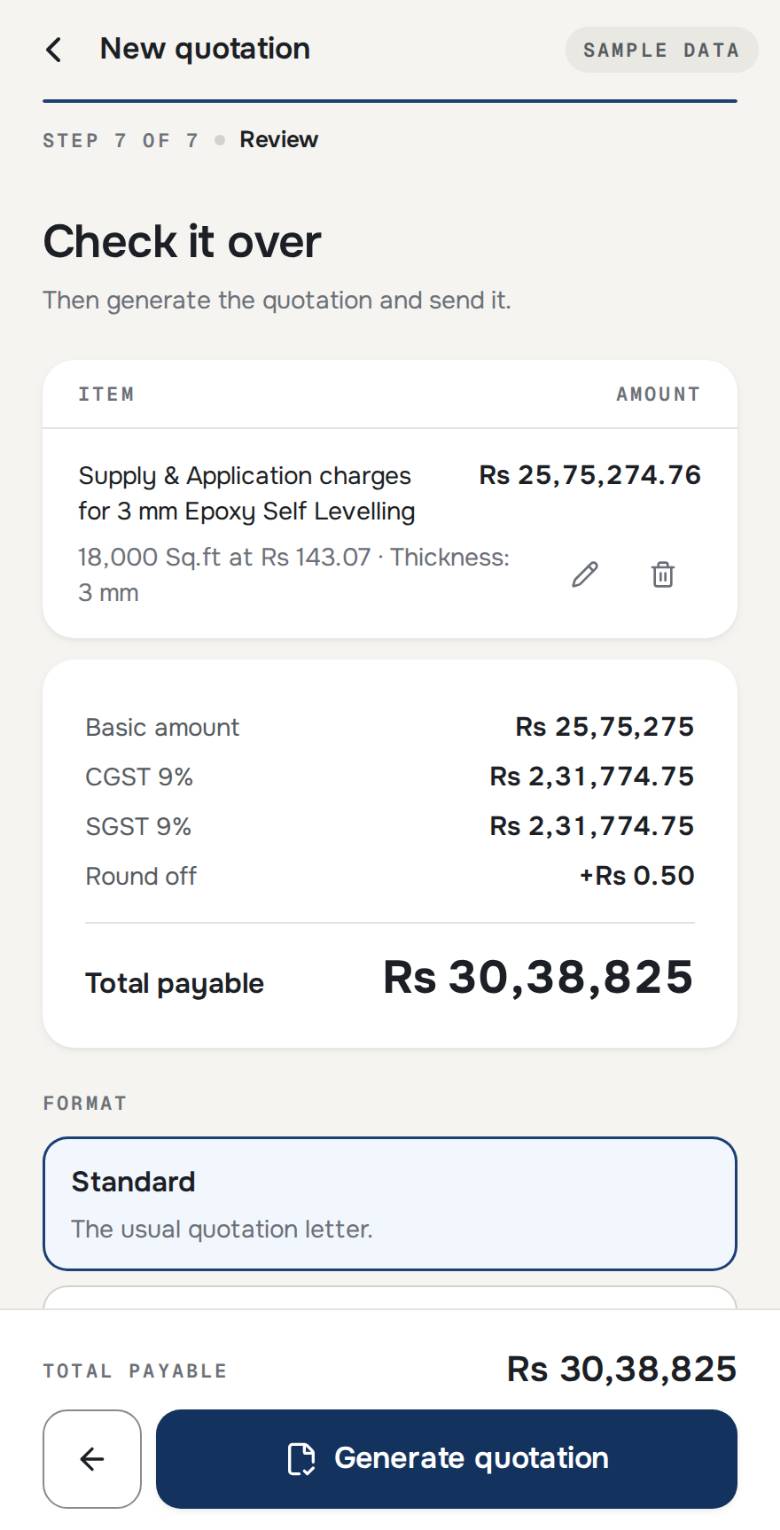 The total settles. Rounded to whole rupees before GST, with the round-off shown on its own line.