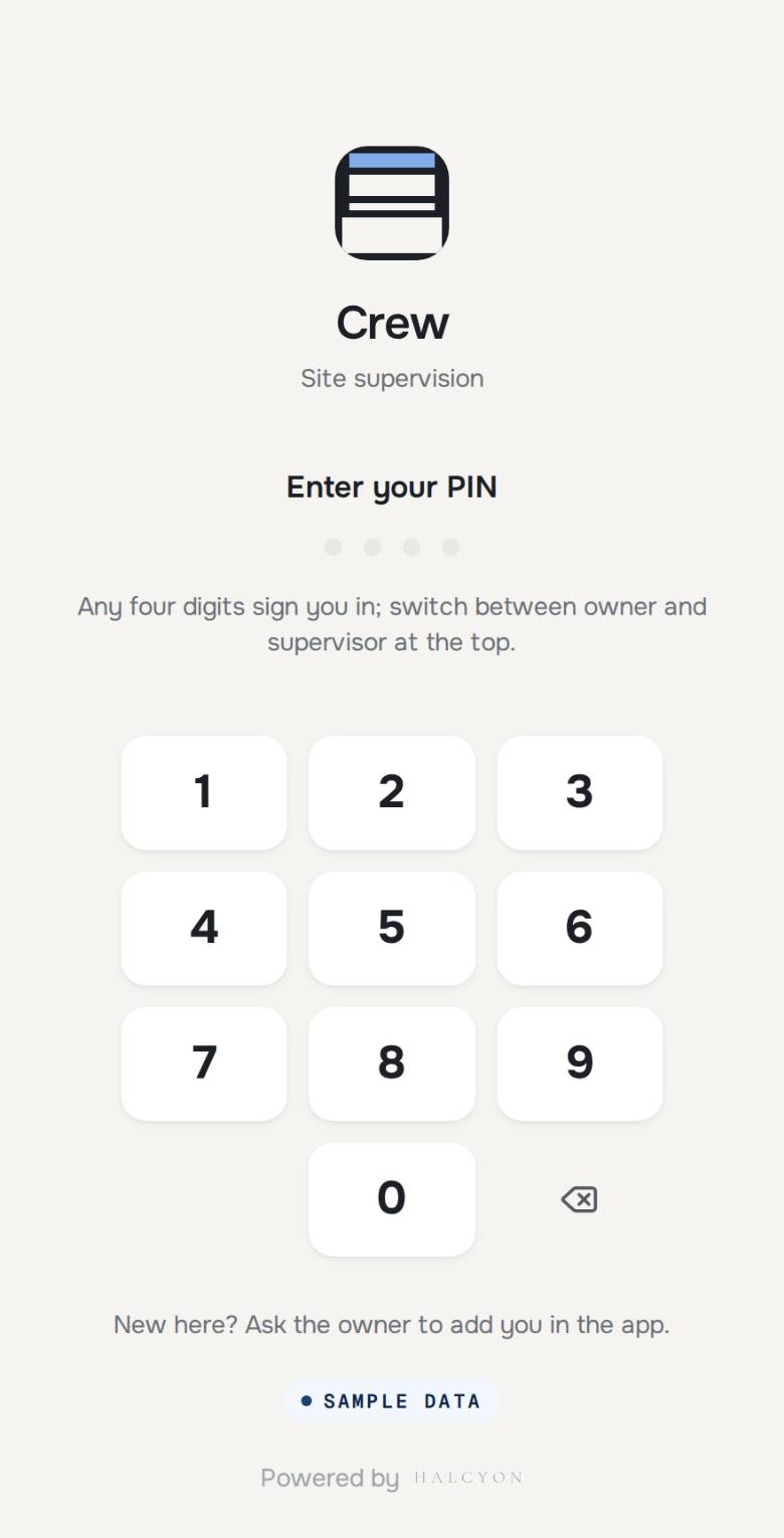Signing in with a PIN. No app store, no email, no password to forget. He opens it from the home screen, types four digits and is on the day's work. Two people can never hold the same PIN, and the owner can change one or switch a person off from inside the app.