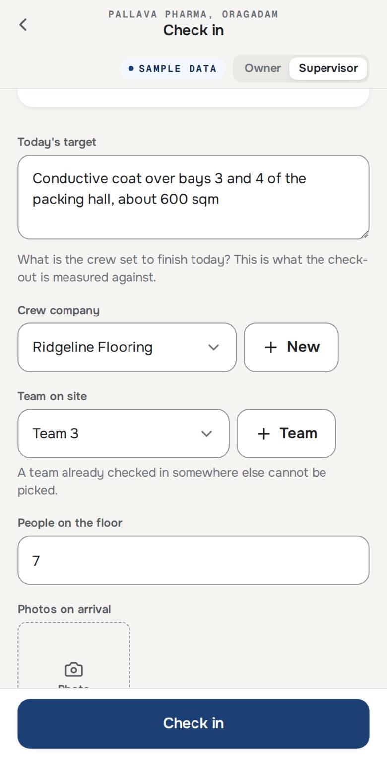 Photographs, team and headcount. Attached to the visit rather than to a chat thread, so they can be found later.